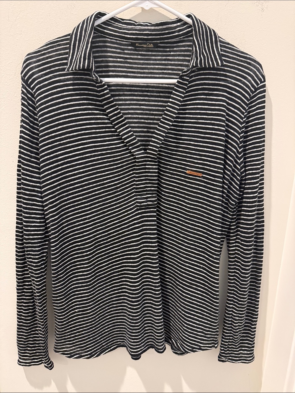 Massimo Dutti Women’s Linen Black and White Striped Long-Sleeve Polo Shirt sz L